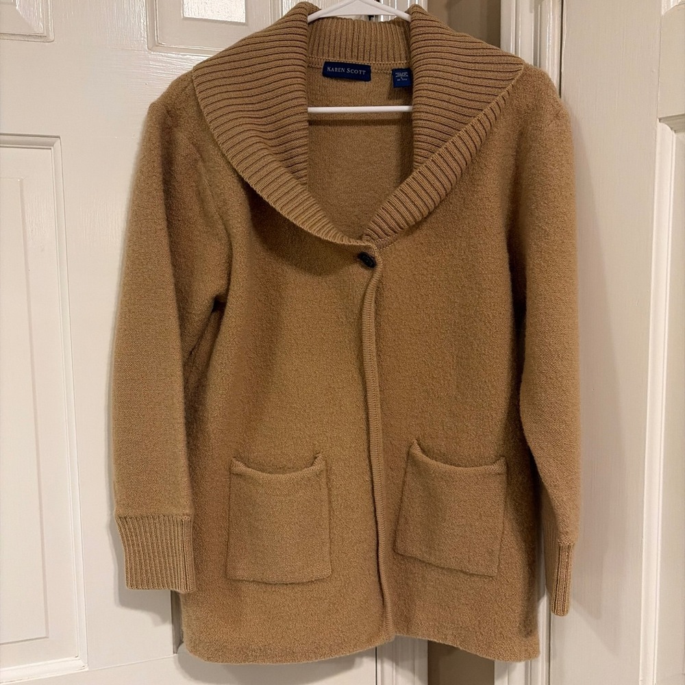 Karen Scott Womens Shawl Collar Cardigan Sweater Camel Tan L 100% Wool Australia